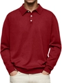Men's casual long sleeve knit polo shirt in wine red with three-button collar - S / Red