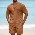 Conjunto de verano para hombre con camisa de cuello cubano texturizada y pantalones cortos café - M / Marrón Oscuro