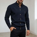 Men's slim fit knit cardigan in navy blue with honeycomb texture and gold buttons - 2XL / Navy Blue