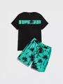 Completo estivo da uomo con t-shirt nera e pantaloncini con stampa di palme verde menta - M / Verde Menta
