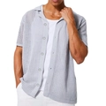 Men's light grey crochet knit short sleeve button-down shirt with cuban collar - Light Gray