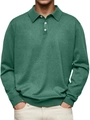 Classic dark green long-sleeved polo shirt for men with white buttons and ribbed cuffs - S / Green