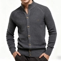 Close-up of dark grey men's knit cardigan showing waffle texture and vintage buttons - S / Dark Gray
