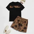 Set estivo da uomo con t-shirt nera e pantaloncini con stampa tropicale di palme - M / Ambra