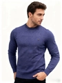 Close-up of crew neck knitwear with striped trim and metal plaque detail - M / Dark Blue