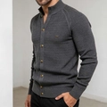 Men's dark grey slim fit knit cardigan with stand collar and vintage buttons - Dark Gray