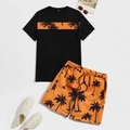 Ensemble d'été pour hommes avec t-shirt noir imprimé cocotier et short orange de plage - M / Haut Et Bas / Orange
