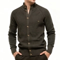 Detail of olive green men's cardigan featuring waffle knit texture and ribbed stand collar - S / Grey Green