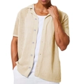 Men's casual summer knitted short sleeve hollow shirt in cream beige finish - Apricot