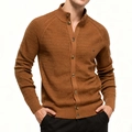 Detailed macro shot of brown knit cardigan featuring stand collar and honeycomb texture fabric - S / Dark Brown