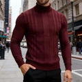 Maglione da uomo a collo alto color bordeaux con trama a righe verticali e vestibilità slim - S / Borgogna