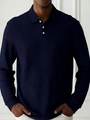 Polo homme à manches longues bleu marine avec motif à chevrons et trois boutons blancs - S / Bleu foncé