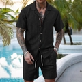 Men's summer 2 piece black knit set with short sleeve cuban shirt and drawstring shorts - S / Top And Bottom / Hollow Black