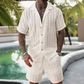 Men's summer casual two-piece set in off-white hollow knit short sleeve shirt and shorts - S / Top And Bottom / Hollow Apricot