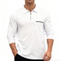 Nahaufnahme von weißem Herren-Langarm-Poloshirt mit Reißverschlusskragen und Brusttasche - S / Weiß