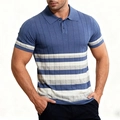 Men's blue short sleeve polo shirt with grey and white striped ribbed knit texture - M / Blue