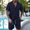 Men's navy blue casual knit two-piece set with short sleeve button shirt and drawstring shorts - S / Top And Bottom / Hollow Navy