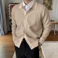 Men's elegant knit cardigan in beige with classic lapel and white buttons - M / Tops / Khaki