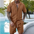 Men's summer knit two-piece set featuring short sleeve shirt and shorts in dark camel - S / Top And Bottom / Brown 1