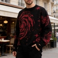 Distressed black knit sweater featuring a red galaxy jacquard pattern and frayed edges - M / Black