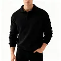 Heren slim-fit zwarte polo trui met lange mouwen en wafelgebreide textuur - M / Zwart