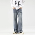 Retro light blue wide leg jeans for men in loose straight fit with vintage wash finish - L / Washed Blue