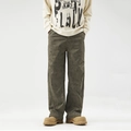Men's retro loose straight-leg trousers in olive grey with vintage washed texture - M / Brown