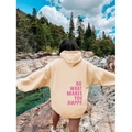 Beige oversized hoodie for women featuring pink back slogan DO WHAT MAKES YOU HAPPY - Light Yellow (Plum Logo)