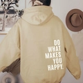 Oversized beige hoodie for women with 'DO WHAT MAKES YOU HAPPY' back print - Light Yellow (White Logo)