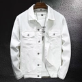 Retro white men's denim jacket in a loose casual style hanging on a wooden hanger - M / White