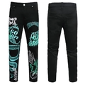Schmale schwarze Jeans mit bunten Graffiti-Prints und Schlangenmuster auf der Front - EU 28 / Streetwear Graffiti-Stil (5705#)