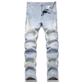 Jeans slim dritti da uomo azzurri con strappi consumati e ricami a stella gialli - EU 28 / Blu Chiaro (5716#)