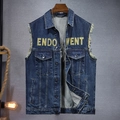 Gilet en jean bleu foncé avec bords effilochés et imprimé lettres ENDOWMENT jaune - S / Bleu