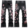 Herren Schlagjeans in Schwarz mit aufwendiger Kirschblütenstickerei und Distressed-Details - EU 28 / Schwarz Bestickter Stil (5710#)