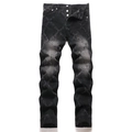 Men's black punk denim jeans with rhinestone cross pattern and washed slim fit design - EU 30 / Black