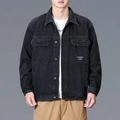 Men's loose black denim work jacket with fashion print and classic collar in casual style - S / Dark Gray Black (BLY7213#)