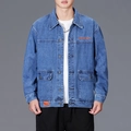 Men's loose-fit blue denim utility jacket with waveclear embroidery and four pockets - S / Blue