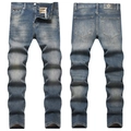 Herren Slim Fit Stretch-Jeans in Vintage-Blau mit Lederpatch, Vorder- und Rückansicht - EU 28 / Mittelblau (YN012#)