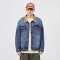 Chaqueta vaquera azul para hombre con cuello de pana marrón y bolsillos en el pecho - M / Azul Lavado Contraste Marrón (DLL-0520#)