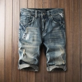 Short en jean rétro pour homme coupe ample avec déchirures et ourlet rayé replié - EU 38 / Bleu foncé rétro