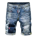 Short en jean bleu clair pour homme avec taches de peinture et écussons vintage - EU 38 / Bleu Moyen