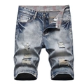 Men's distressed denim shorts in light blue wash with ripped details and plaid inner waist - EU 38 / Light Blue