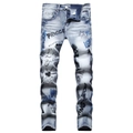 Men's slim fit light blue washed jeans with street style graffiti embroidery and prints - EU 38 / Light Blue (7118#)