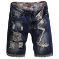 Dunkelblaue Herren-Jeans-Shorts mit Rissen, Vintage-Waschung und Sternmuster-Futter - EU 28 / Dunkelblau