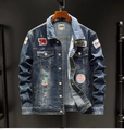 Detail of embroidered badges and distressed wash effect on dark blue denim jacket - M / Deep Blue (DLL8009#)