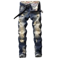Men's slim fit distressed jeans in vintage blue wash with ripped holes and black leather belt - EU 28