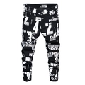 Men's slim fit black streetwear jeans featuring bold white letter and number graffiti prints - EU 29 / Black White Graffiti (LS5668#)