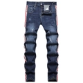 Dunkelblaue Herrenjeans in Slim Fit mit seitlichen rot-weißen Streifen und Wascheffekten - EU 38 / Blau