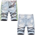 Short en jean bleu clair pour homme avec déchirures, taches de peinture et bandes latérales - EU 38 / Bleu Clair Usé et Déchiré (Tech 703#)