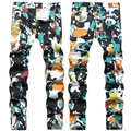 Men's street fashion slim fit jeans featuring vibrant abstract paint splatter print - 1310# / 38